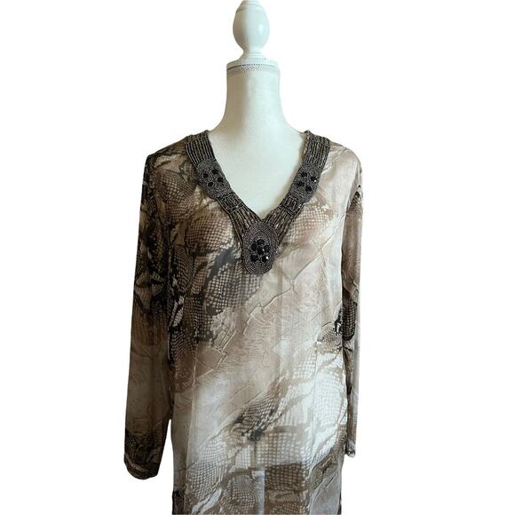 AKARU Dubai Beaded Accent Tunic Shirt Long Sleeve Loose top Sz L Cream Brown - Picture 6 of 9